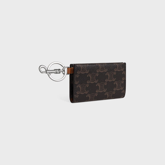 Men Triomphe Canvas & Calfskin Key Ring Pocket Card Holder - Tan