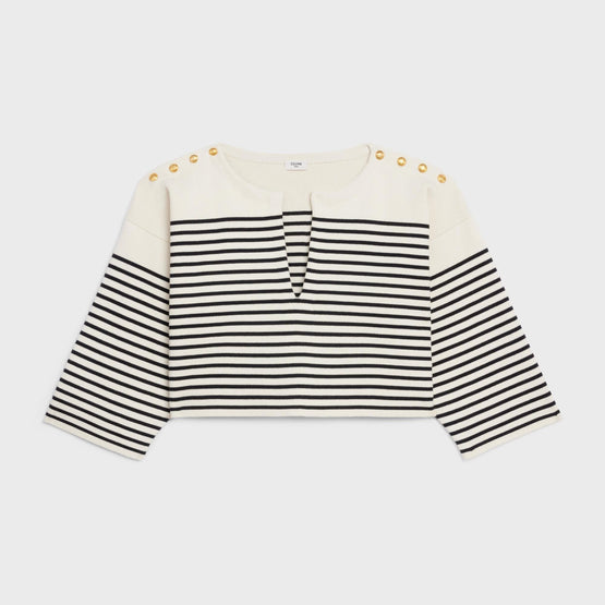 Women Coton Maille Marin Vareuse Cropped Boutons Dorés - Cream/Black