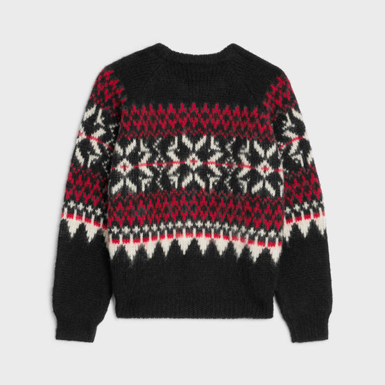 Men Celine Laine Jacquard Floçons Pull Boxy Col Rond - Black/Red/Off White
