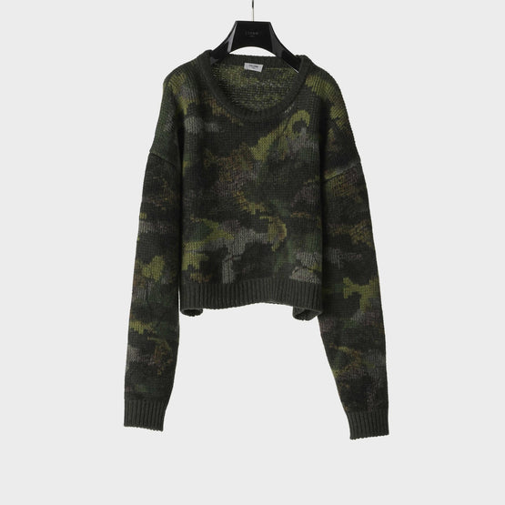 Men Boxy Cropped Laine Jacquard Camouflage Pull Col Rond - Camouflage