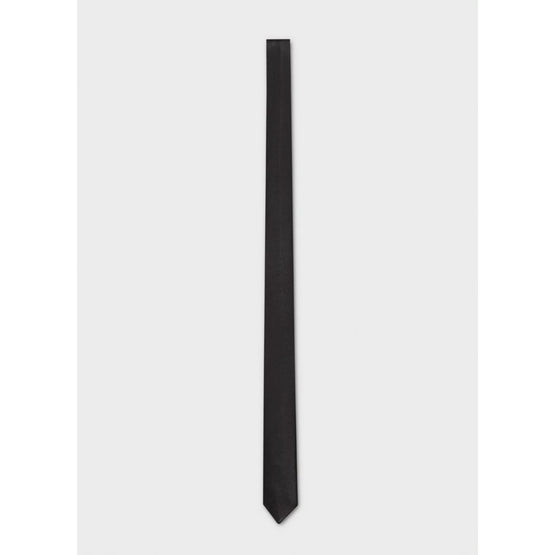 Men Leather 3Plis Pointed Tip Slim Tie - Black
