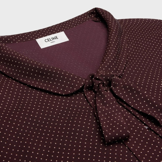 Women Manches Ballon Georgette Soie Mini Pois Blouse - Bordeaux/Craie