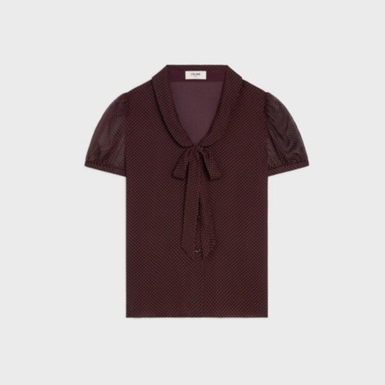 Women Manches Ballon Georgette Soie Mini Pois Blouse - Bordeaux/Craie