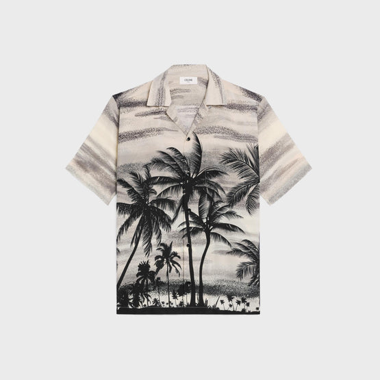 Men Crepe De Chine Palmiers Bowling Shirt - Craie/Noir