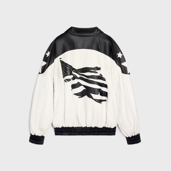 Men Teddy Maxi Patch Flag Lambskin Jacket - Black & White