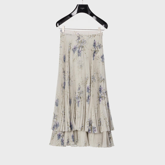 Women Deux Volants Plissés Georgette Orchidee Jupe - Gris Perle/Blanc/Bleu