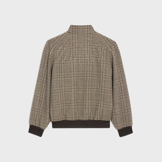 Men Teddy Brodé Col Montant Laine Carreaux Hunting Jacket - Marron/Kaki/Craie