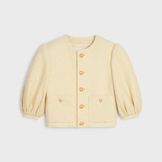 Women Manche Ballon Bouclette Natte Veste Cardigan - Jaune Paille