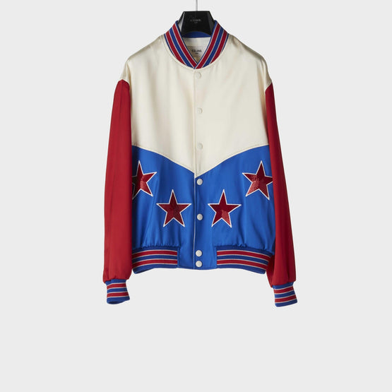 Men Teddy Americana Satin Souvenir Jacket - Cream
