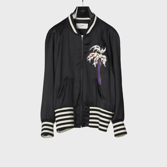 Men 90s Palmier Satin Teddy Souvenir Jacket - Black