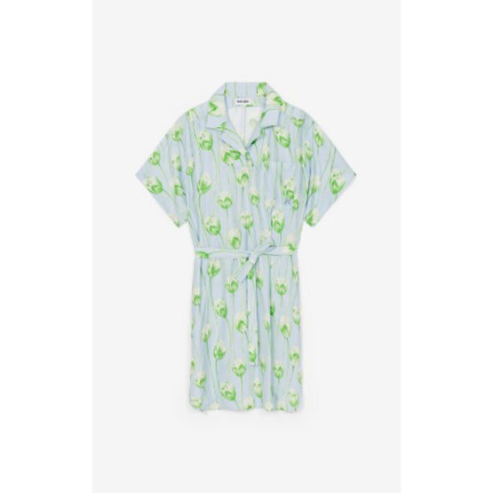 Women Printed Shirting Waisted Dress - Light Blue