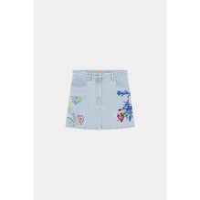 Women Drawn Flowers Small Skirt - Stone Bleached Blue Denim