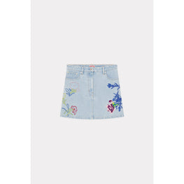 Women Drawn Flowers Small Skirt - Stone Bleached Blue Denim