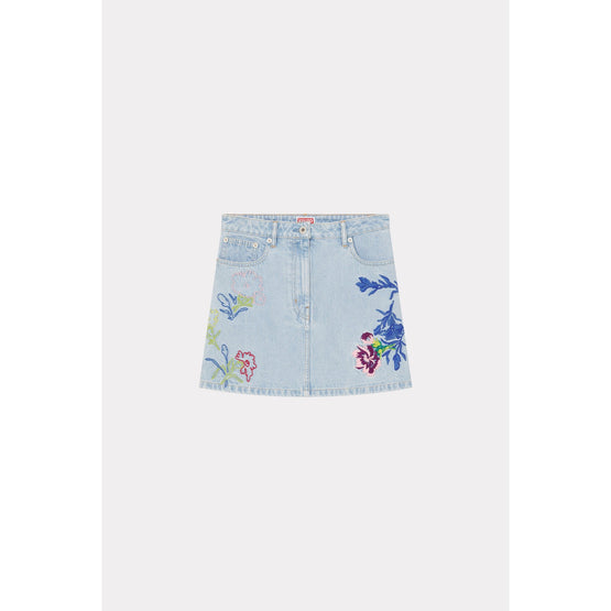 Women Drawn Flowers Small Skirt - Stone Bleached Blue Denim
