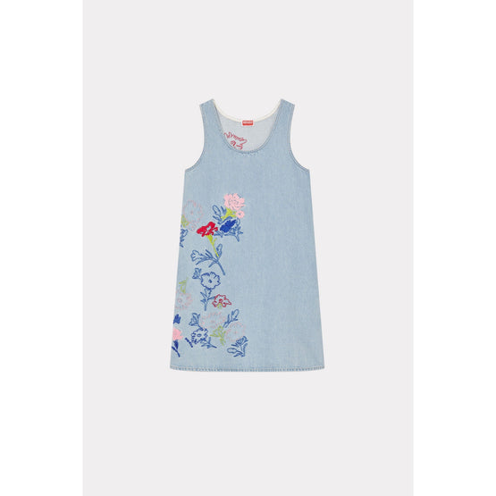 Women Kenzo Drawn Flowers Dress - Stone Bleached Blue Denim