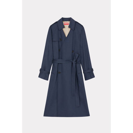 Women Solid Elongated Kimono Trench - Midnight Blue