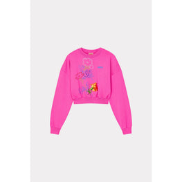 Women Drawn Flowers Cropped Sweat - Deep Fuschia
