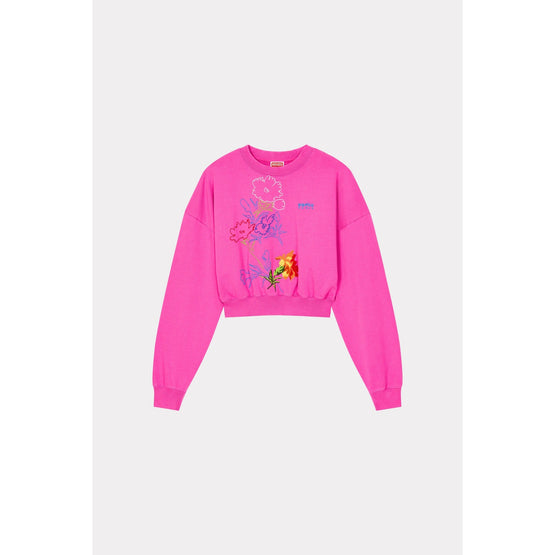 Women Drawn Flowers Cropped Sweat - Deep Fuschia
