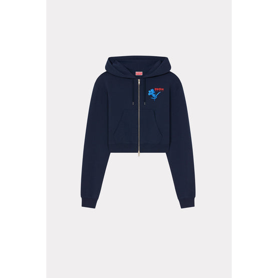Women Drawn Flowers Zip-Up Hoodie - Midnight Blue
