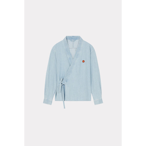 Men Denim Kimono Jacket - Stone Bleached Blue Denim